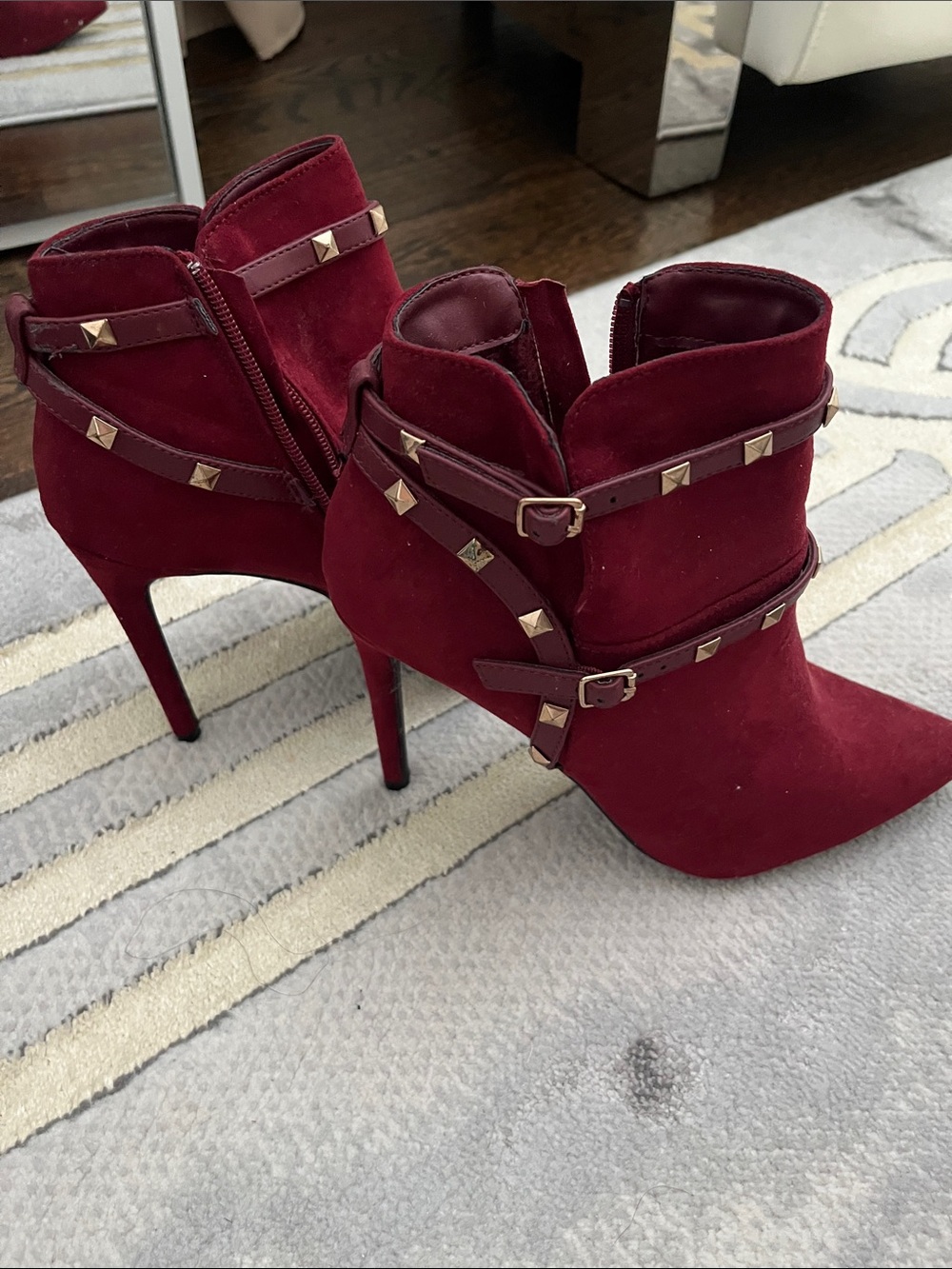 Women's Burgundy Suede Studded Ankle Booties